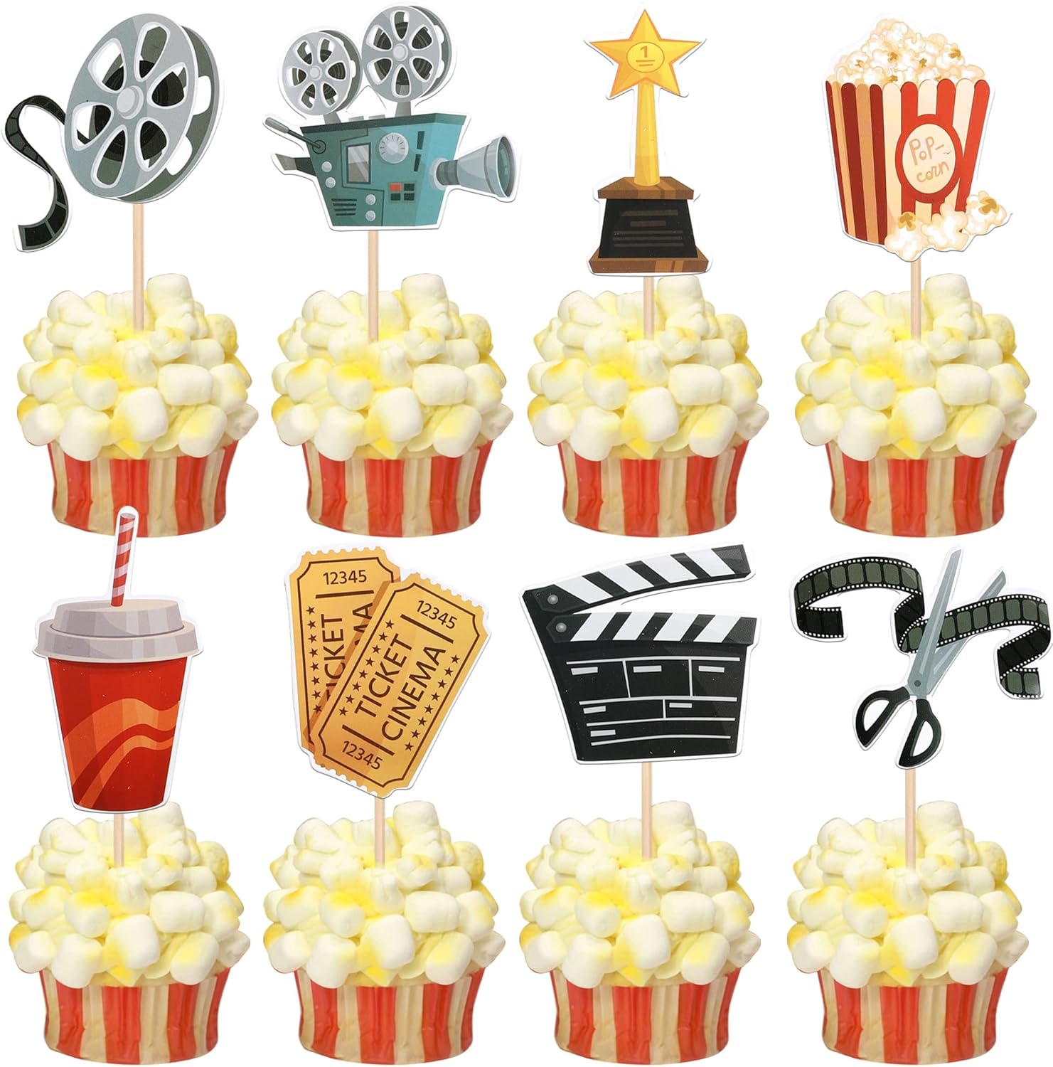 Rsstarxi 40 Pack Movie Cupcake Toppers Movie Night Roll Camera Popcorn Cupcake Picks Decorations for Hollywood Theme Baby Shower Kids Birthday Theme Party Cake Decorations