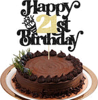 Gyufise 1Pc Happy 21st Birthday Cake Topper Glitter Happy Birthday Cake Pick Cheers to 21 Years for 21st Anniversary Wedding Party Cupcake Decorations Supplies Black Gold