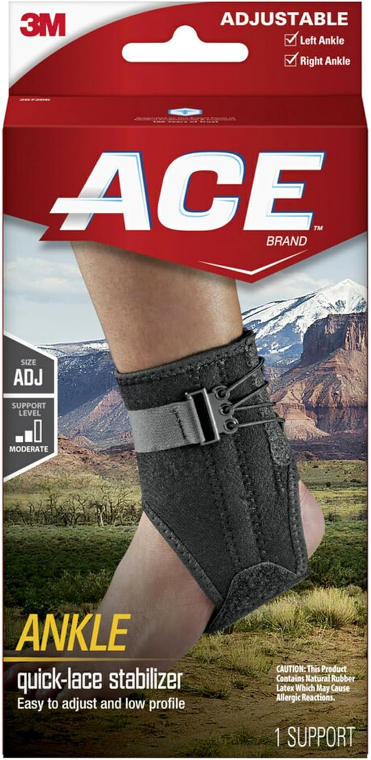 ACE Ankle Brace with Side Stabilizers, Adjustable, Black, 1/Pack