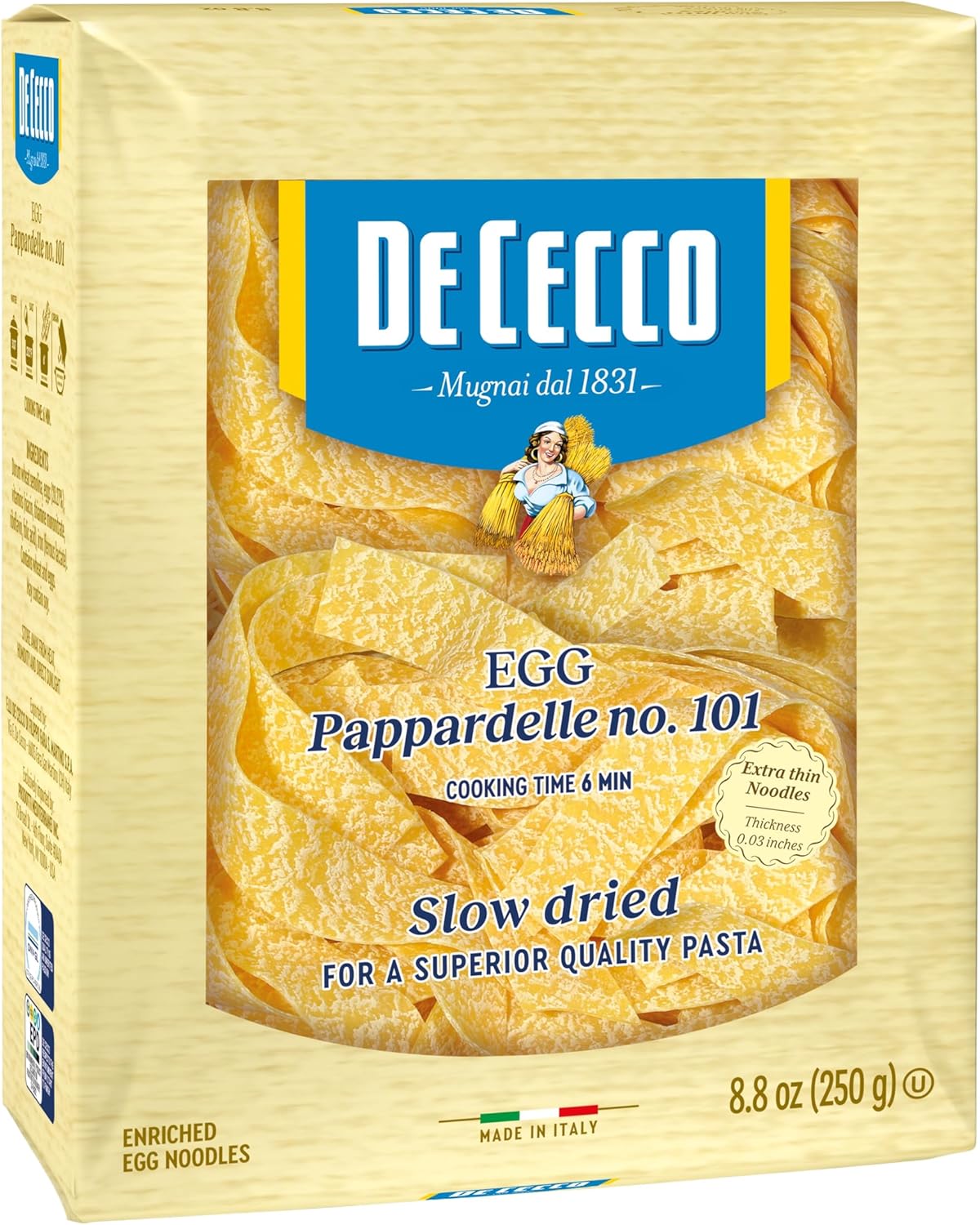 De Cecco Egg Pappardelle No. 101 Pasta, 8.8 Oz, Authentic, Slow Dried, Made with Cage Free Eggs & Durum Wheat, Versatile Pasta for Sauces & Recipes, Made in Italy