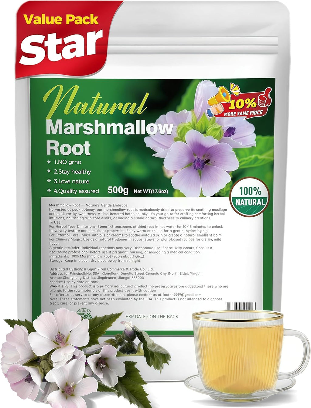 Premium Marshmallow Root (1.1 lbs / 500g) - High Mucilage Cut & Sifted Loose Leaf Herb - 100% Natural Dried Althaea Officinalis - Naturally Gluten-Free & Caffeine-Free - Non-GMO Bulk Value Size