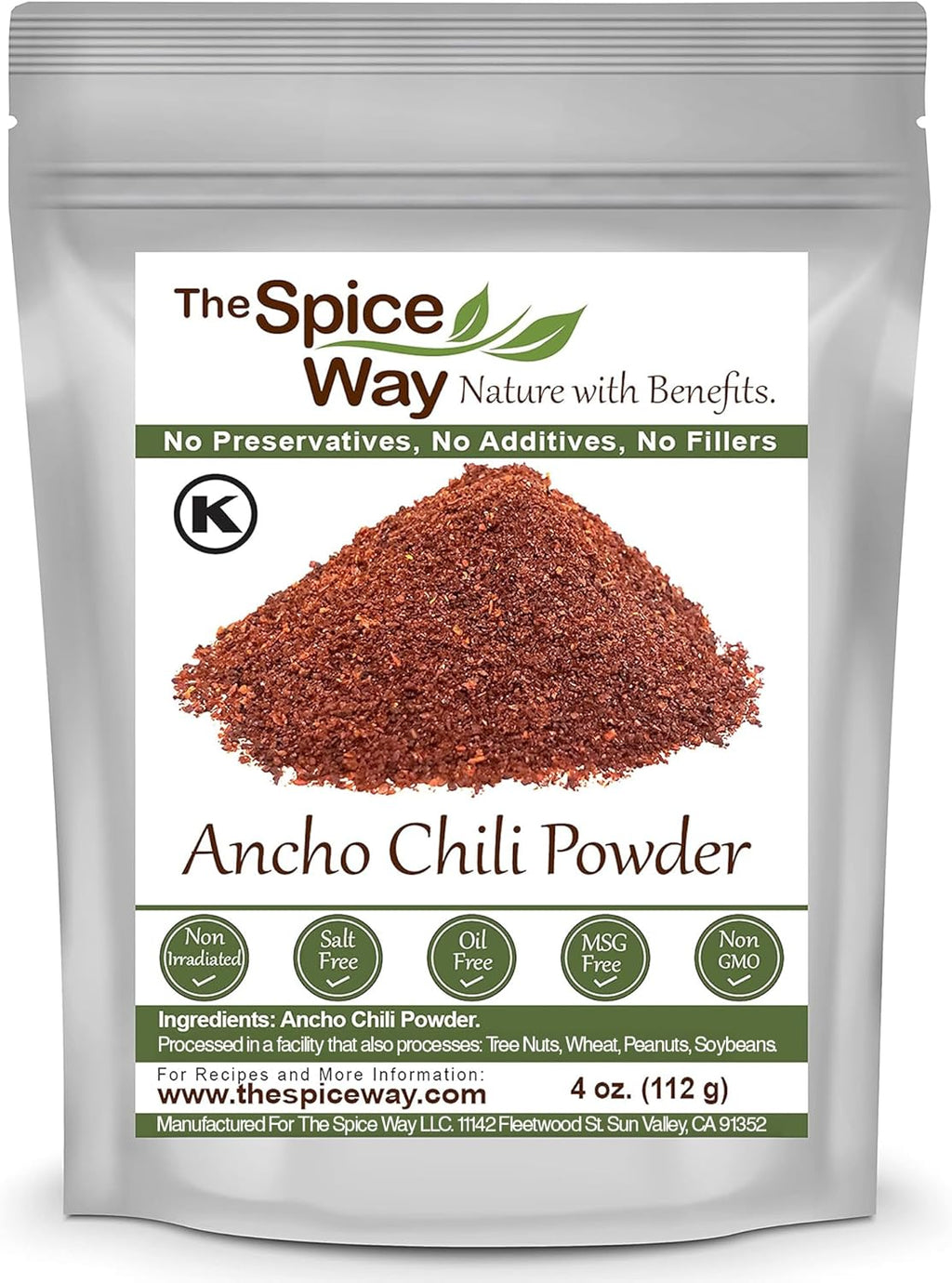 The Spice Way Premium Ancho Chile - Pure Ancho Chilli Powder (4 oz) made from pure dried ancho chili peppers with no additives, no agents. resealable bag