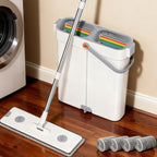 Spreezy Mop and Bucket Set, Hands-Free Flat Mop System with Wringer, Wet and Dry Using, Separate Wash & Wring Zone, Household, 4 Reusable Microfiber Pads for Floor Cleaning, Fits into Narrow Spaces