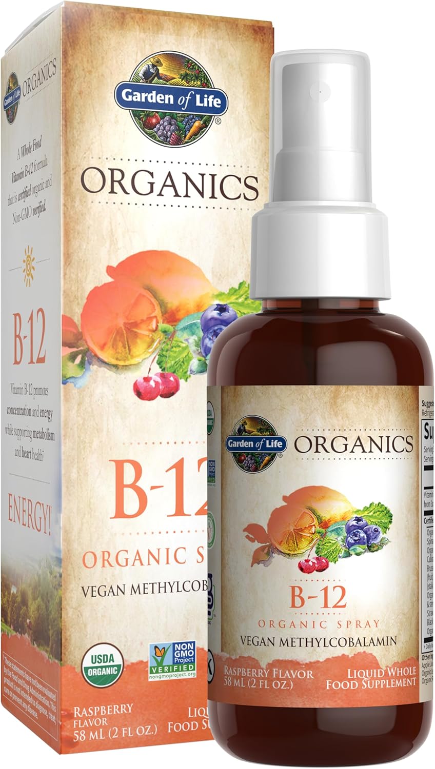 Garden of Life Organics B-12 Spray with Methylcobalamin – Liquid Vitamin Spray for Energy, Metabolism & Heart Health Support, Raspberry Flavor, 2 Fl Oz Bottle, 140 Servings
