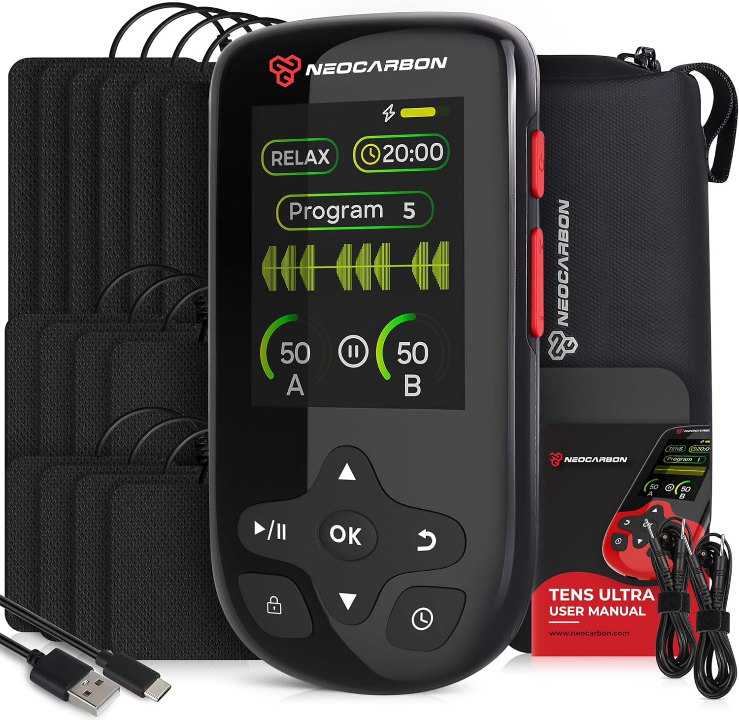 NEOCARBON TENS Unit Muscle Stimulator Ultra for Pain Relief & Recovery, TENS EMS Machine with PMS Steady Mode, Dual Channel Stim Machine for Muscle Therapy, Black