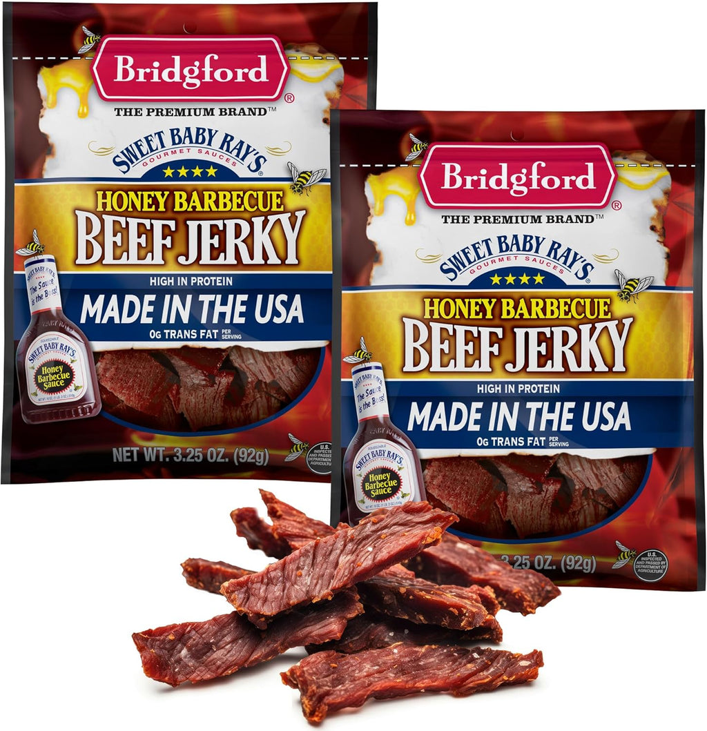 Bridgford Sweet Baby Ray's Beef Jerky Honey BBQ 3.25 oz Pack of 2 - High Protein Jerky for Midday Energy Boost or Post Workout Snack - Naturally Smoked Ready-to-Eat Meat Snacks for on the Go Snacking
