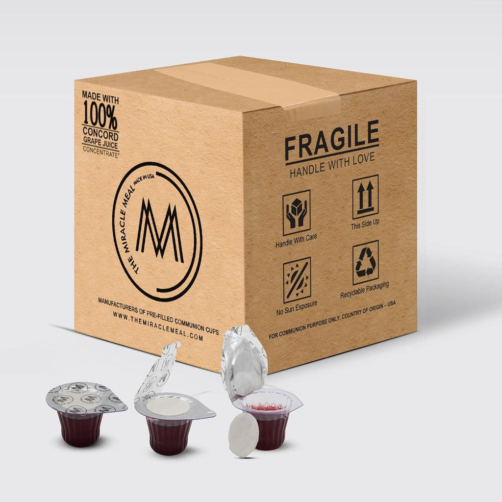 The Miracle Meal Pre-filled Communion Cups and Wafer Set - Box of 100 - with 100% Trusted Concord Grape Juice & Wafer - Made in the USA - Premium Quality Guaranteed