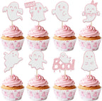 Rsstarxi 24 Pack Halloween Ghost Cupcake Toppers Glitter Pink Ghost Cupcake Picks Decorations for Happy Boo Day Birthday Baby Shower Halloween Party Cake Decorations Supplies