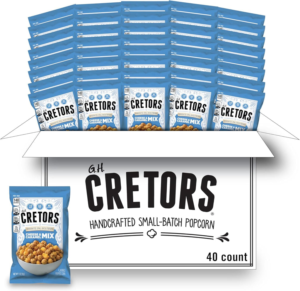 G.H. Cretors Cheese & Caramel Popcorn Mix (1 oz Bags – 40 Pack) Handcrafted Small Batch Popcorn, Gluten Free, Kosher, No Artificial Preservatives, Convenient Individual Bags
