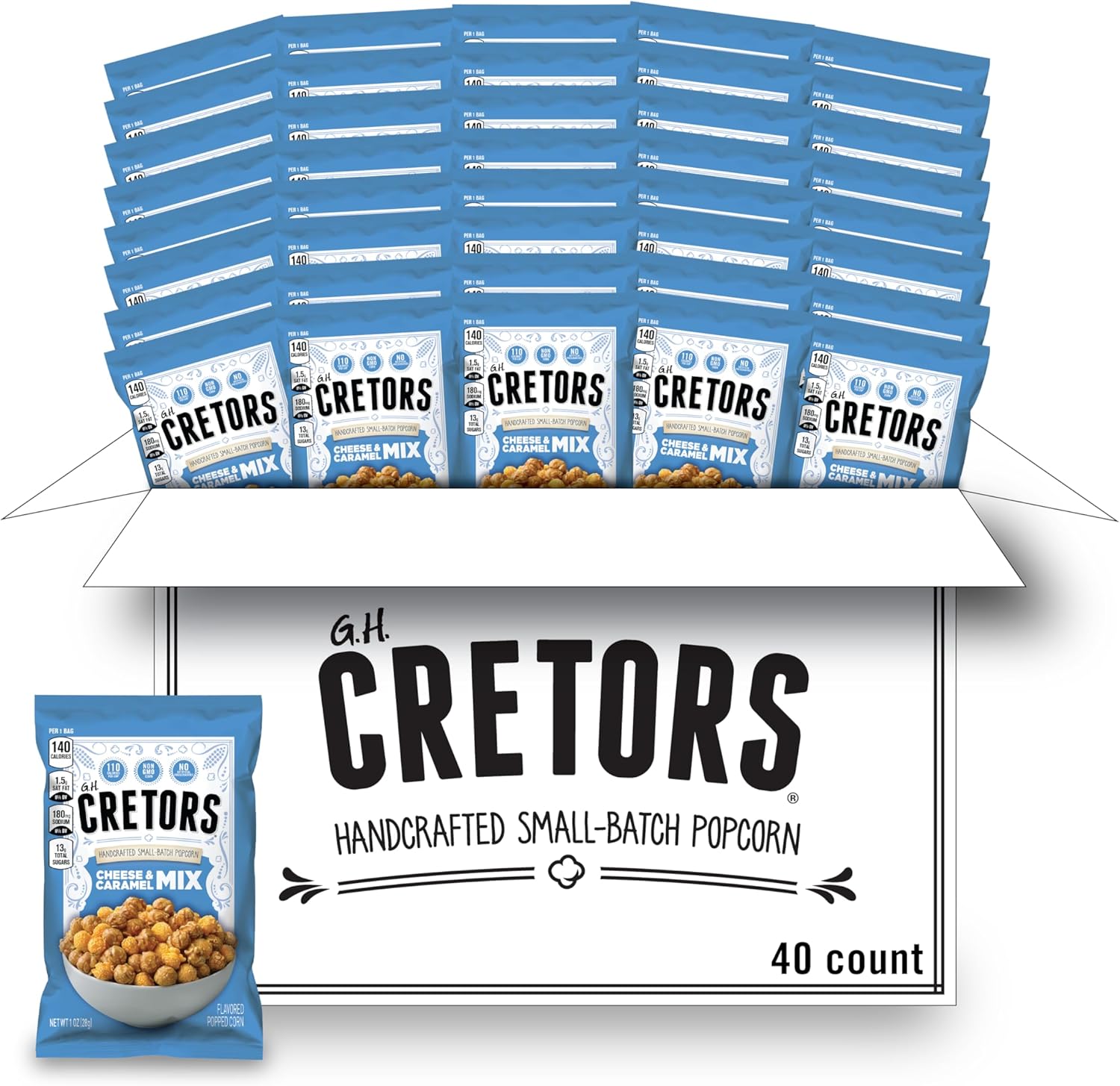 G.H. Cretors Cheese & Caramel Popcorn Mix (1 oz Bags – 40 Pack) Handcrafted Small Batch Popcorn, Gluten Free, Kosher, No Artificial Preservatives, Convenient Individual Bags