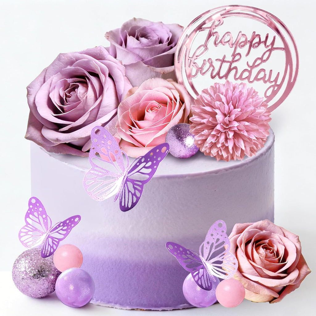 Flower Cake Toppers, Happy Birthday Rose Gold Cake Decorations with Artificial Flowers Butterfly Balls for Wedding Baby Shower Birthday Party Supplies (Purple)