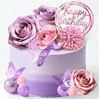 Flower Cake Toppers, Happy Birthday Rose Gold Cake Decorations with Artificial Flowers Butterfly Balls for Wedding Baby Shower Birthday Party Supplies (Purple)
