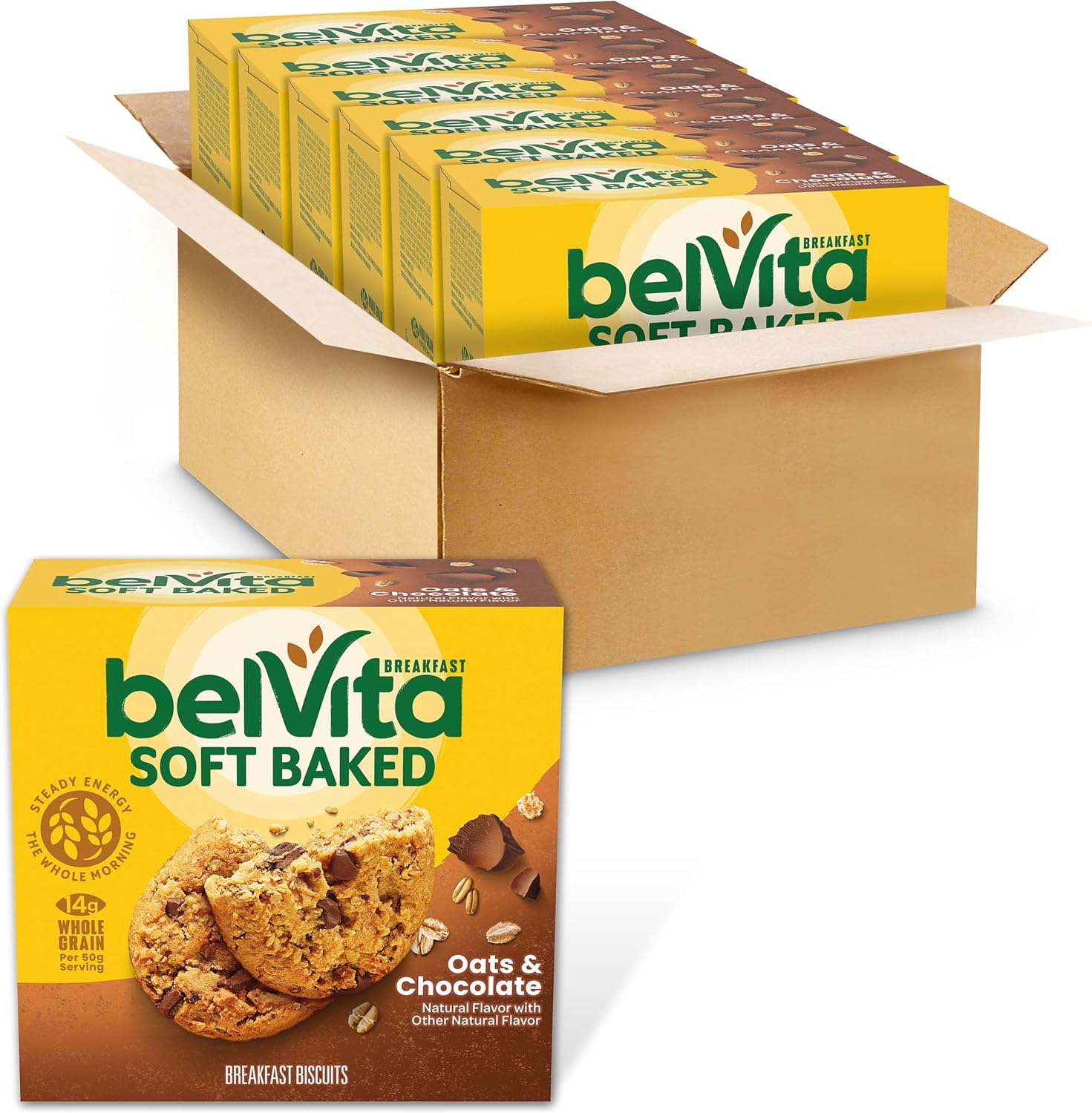 belVita Soft Baked Breakfast Bars, Oats & Chocolate, 6 Boxes of 5 Packs (1 Biscuit Per Pack)