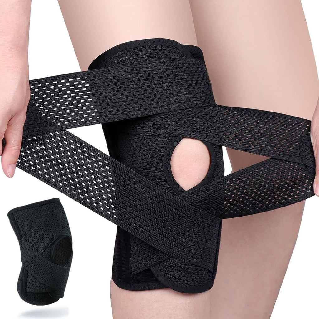 Knee Brace with Side Stabilizer, 1PC Breathable Knee Support Brace Open-Patella Stabilizer Adjustable Compression Knee Brace for Men Women Meniscus Tear ACL MCL Arthritis Joint Pain Relief (Black, 2XL)