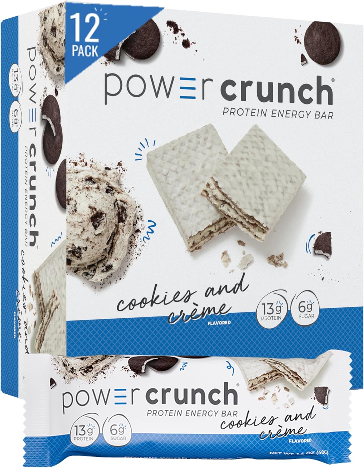 Power Crunch Protein Bars, High Protein Snacks with Delicious Taste, Cookies and Crème, 1.4 Ounce (12 Count)