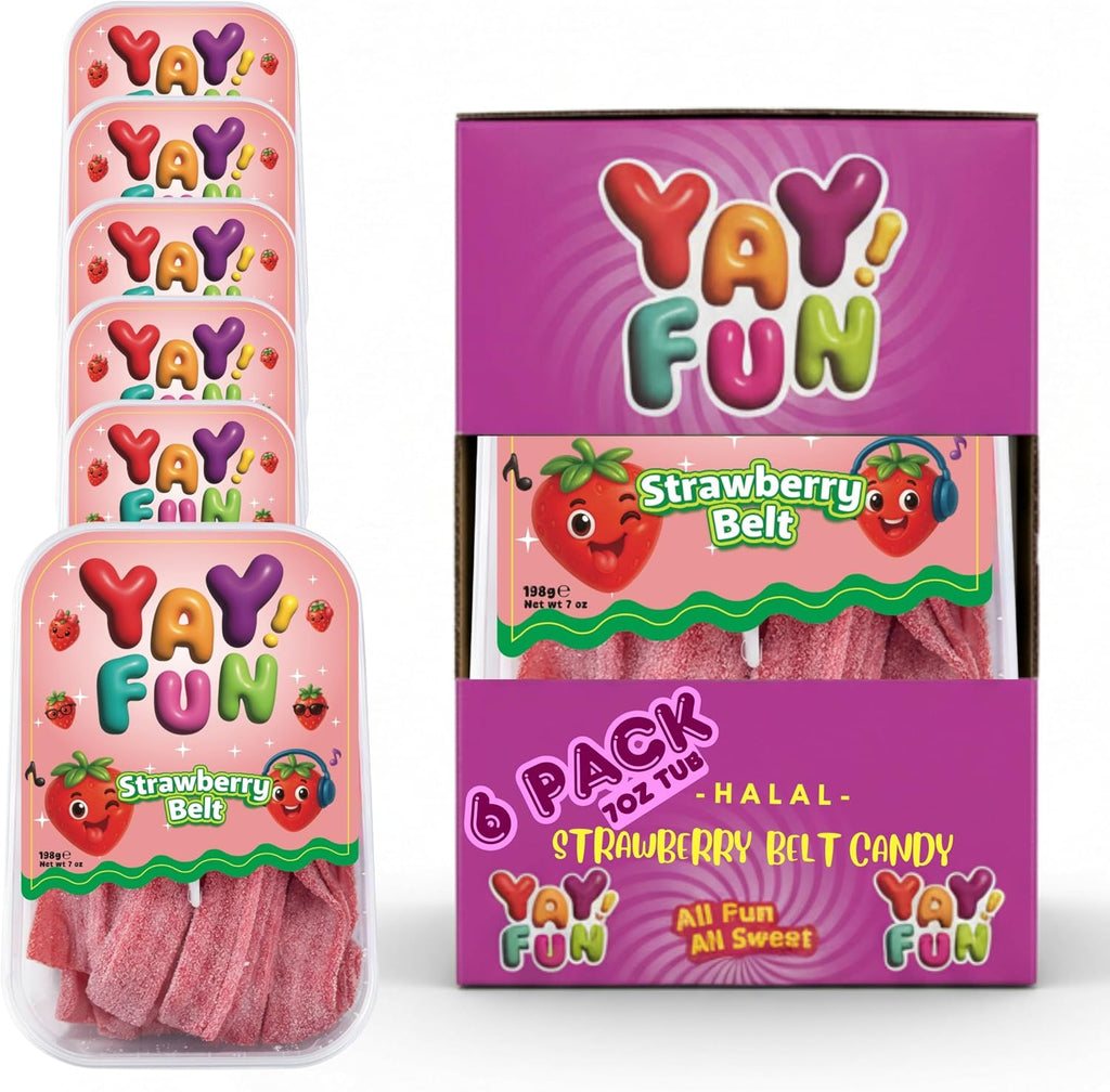 Halal Strawberry Belt Gummy Candy | 6 Pack Bundle (6x7 oz Tubs) | Sweet & Tangy Strawberry Gummy Strips | Resealable Tubs in Bulk with Display Box | Halal Bulk Sour Belt Gummy Candy for Parties & Sharing