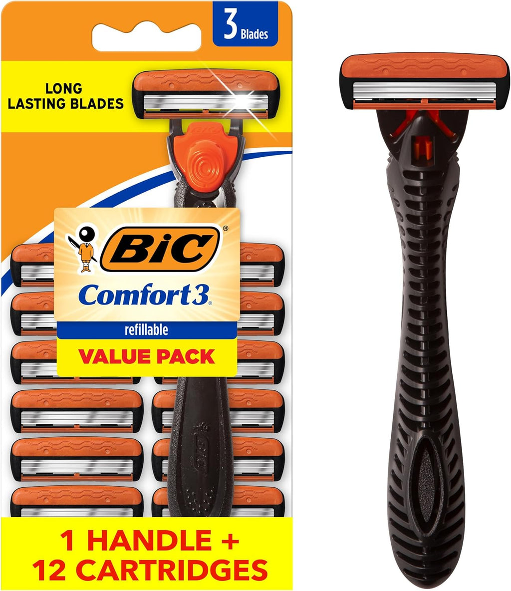 BIC Comfort 3 Men's Refillable 3-Blade Razors with 1 Handle and 12 Cartridges, Smooth Shave Razor Set for Men