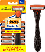 BIC Comfort 3 Men's Refillable 3-Blade Razors with 1 Handle and 12 Cartridges, Smooth Shave Razor Set for Men