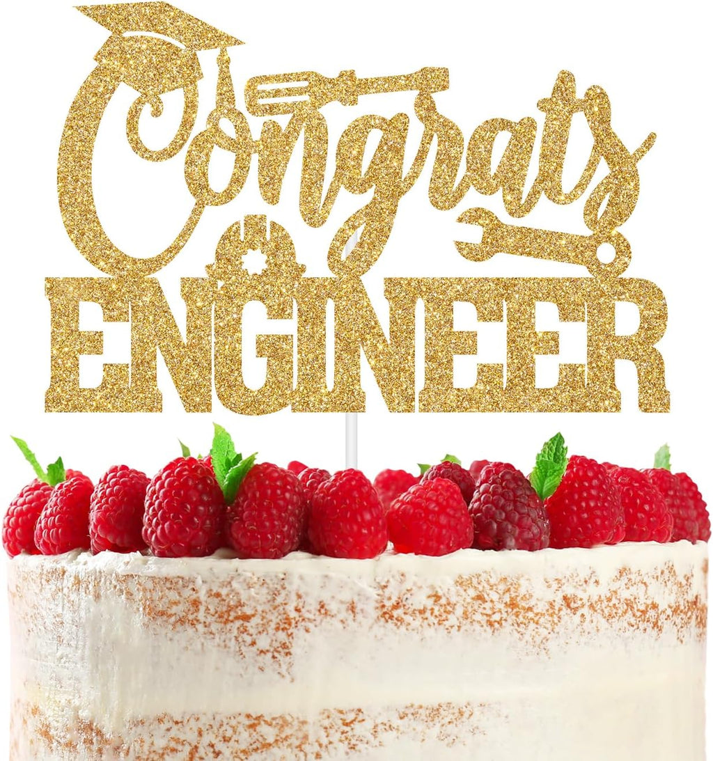 Gold Glitter Congrats Engineer Cake Topper, Congrats Engineer Grad/Future Engineer Cake Decor, Class of 2026 Mechanical Engineering School Graduation Party Decorations