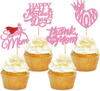 24 Pcs Happy Mothers Day Cupcake Toppers Glitter Cake Toppers Cupcake superman Thank you Mom Happy Birthday Party Supplies Decorations Pink