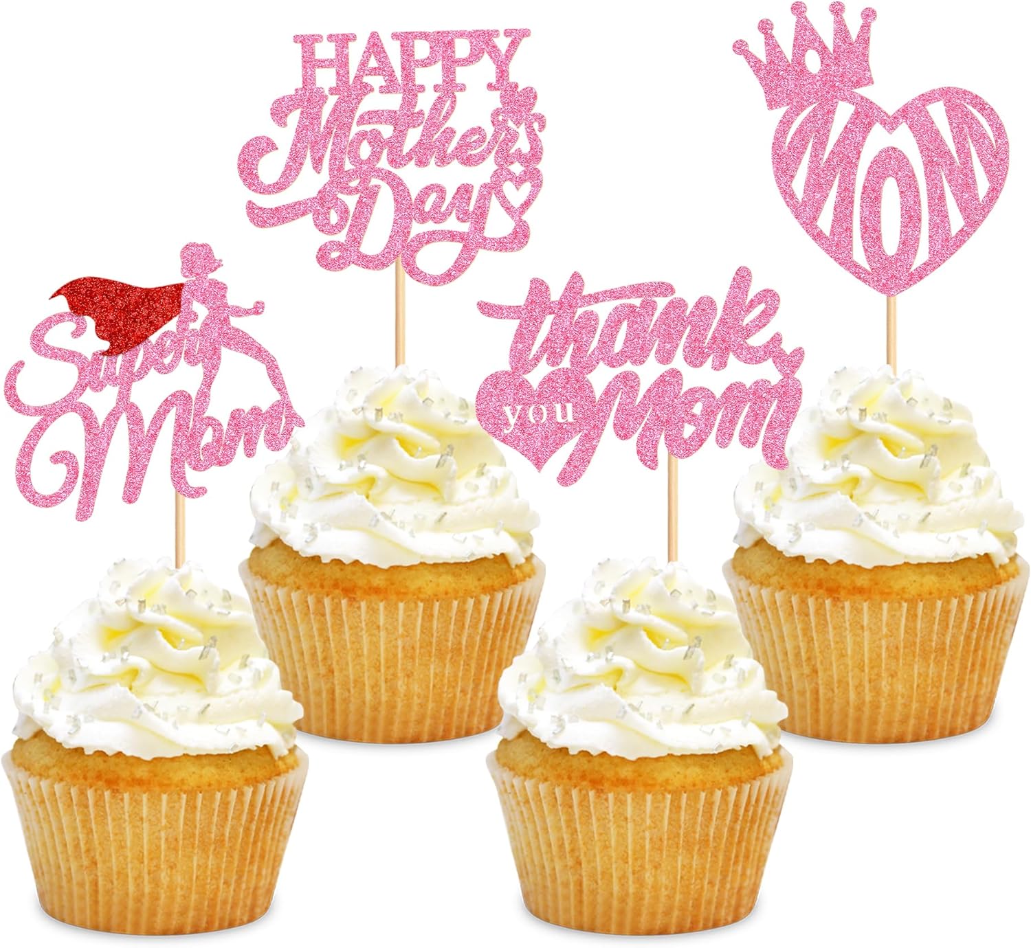 24 Pcs Happy Mothers Day Cupcake Toppers Glitter Cake Toppers Cupcake superman Thank you Mom Happy Birthday Party Supplies Decorations Pink