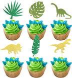 Rsstarxi 24 Pack Glitter Green Dinosaur Set Cupcake Toppers With Green Palm Leaves T-Rex Cupcake Picks Dinosaur Theme Baby Shower Birthday Party Cake Decorations Supplies