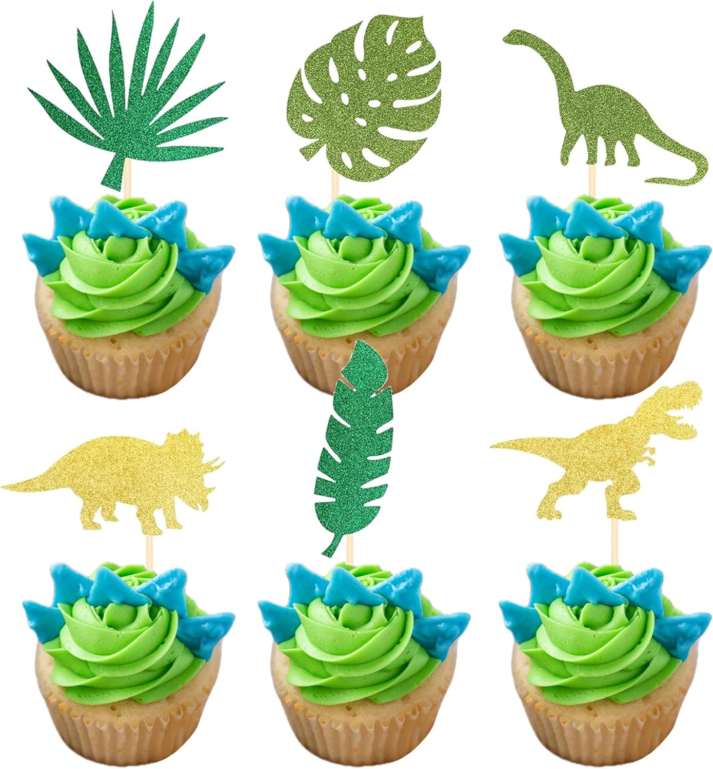 Rsstarxi 24 Pack Glitter Green Dinosaur Set Cupcake Toppers With Green Palm Leaves T-Rex Cupcake Picks Dinosaur Theme Baby Shower Birthday Party Cake Decorations Supplies