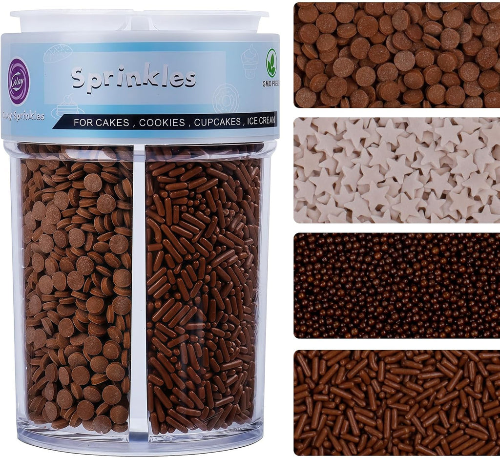 Chocolate Sprinkles for Cake Decorating, 8Oz 4-Cell Mix with Nonpareil, Jimmies, Star Shapes & Confetti Circles Edible Brown Sprinkles for Cookies Cake Ice Cream Cupcakes Brownie Baking Topping