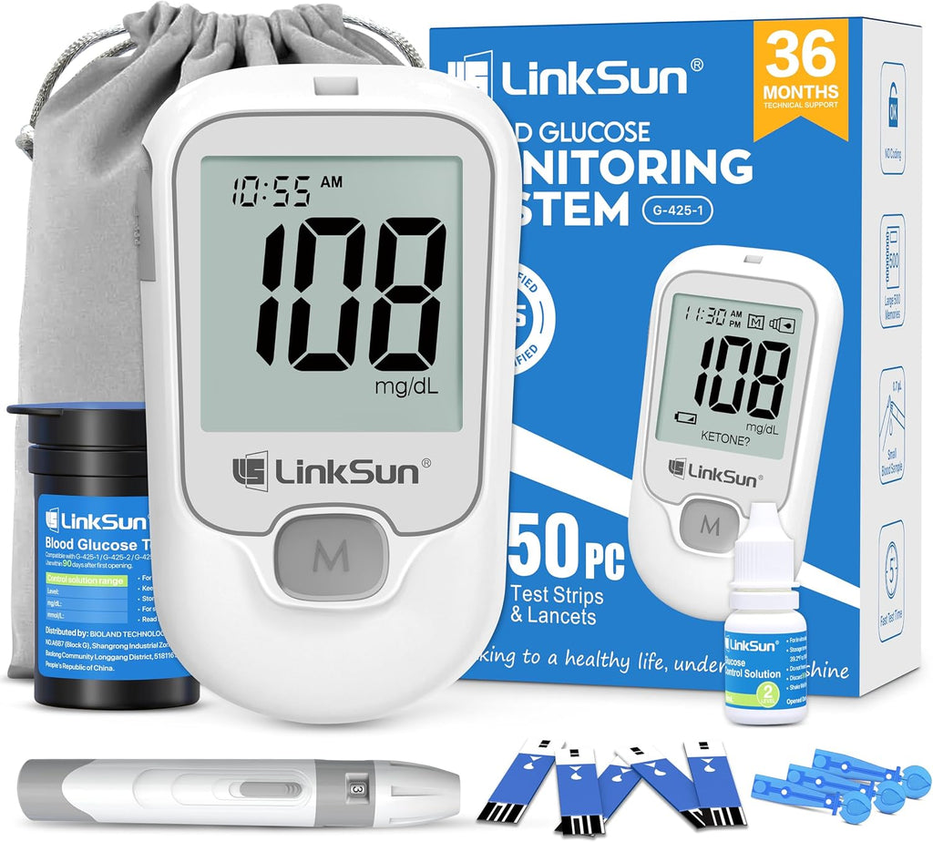 LinkSun G-425-1 Blood Glucose Monitor Kit, 50 Test Strips, 50 Lancets, 1 Control Solution, 1 Blood Sugar Monitor, 1 Lancing Device, Diabetes Testing Kit, No Coding, Glucometer for Home Use