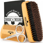 Beard Brush for Men with Beard & Mustache Comb Set, Beard Grooming & Care Kit, Natural Boar Bristle Brush, Dual Action Wood Comb, Grooming Scissors, and Travel Bag, Great Fathers Day, Dad & Men Gifts