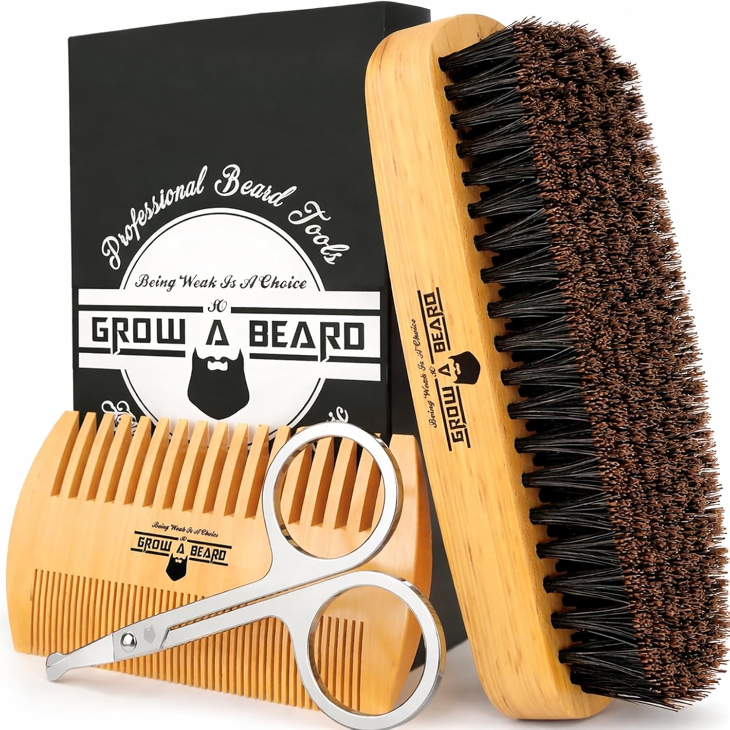 Beard Brush for Men with Beard & Mustache Comb Set, Beard Grooming & Care Kit, Natural Boar Bristle Brush, Dual Action Wood Comb, Grooming Scissors, and Travel Bag, Great Fathers Day, Dad & Men Gifts