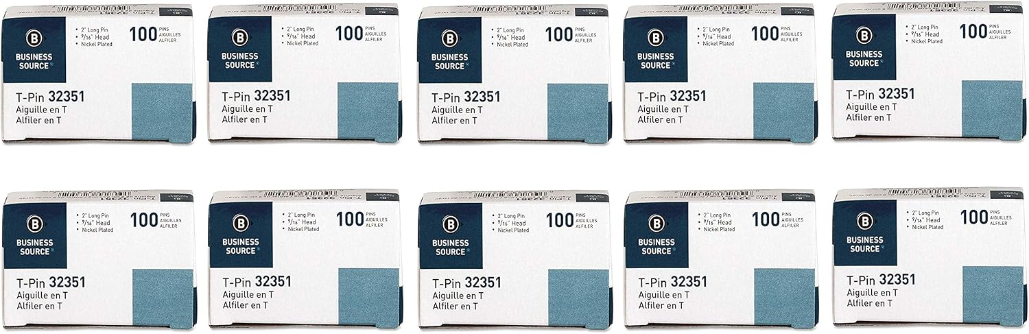 Business Source Steel T-pins - 0.56" Head - 2" Length x 0.6" Width - Silver - Steel - 100 / Box, Sold as 10 Pack