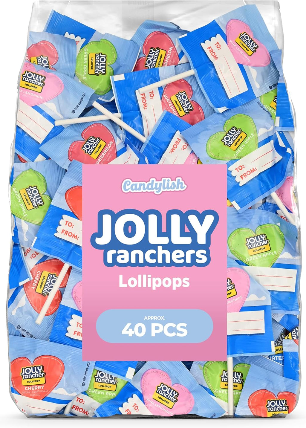 Jolly Ranchers Heart Lollipops – 40 Count Bag – Bulk Valentine Candy, Assorted Fruit Flavors – Heart-Shaped Lollipops for Parties, Classroom Exchange, Candy Buffets, and Gifting