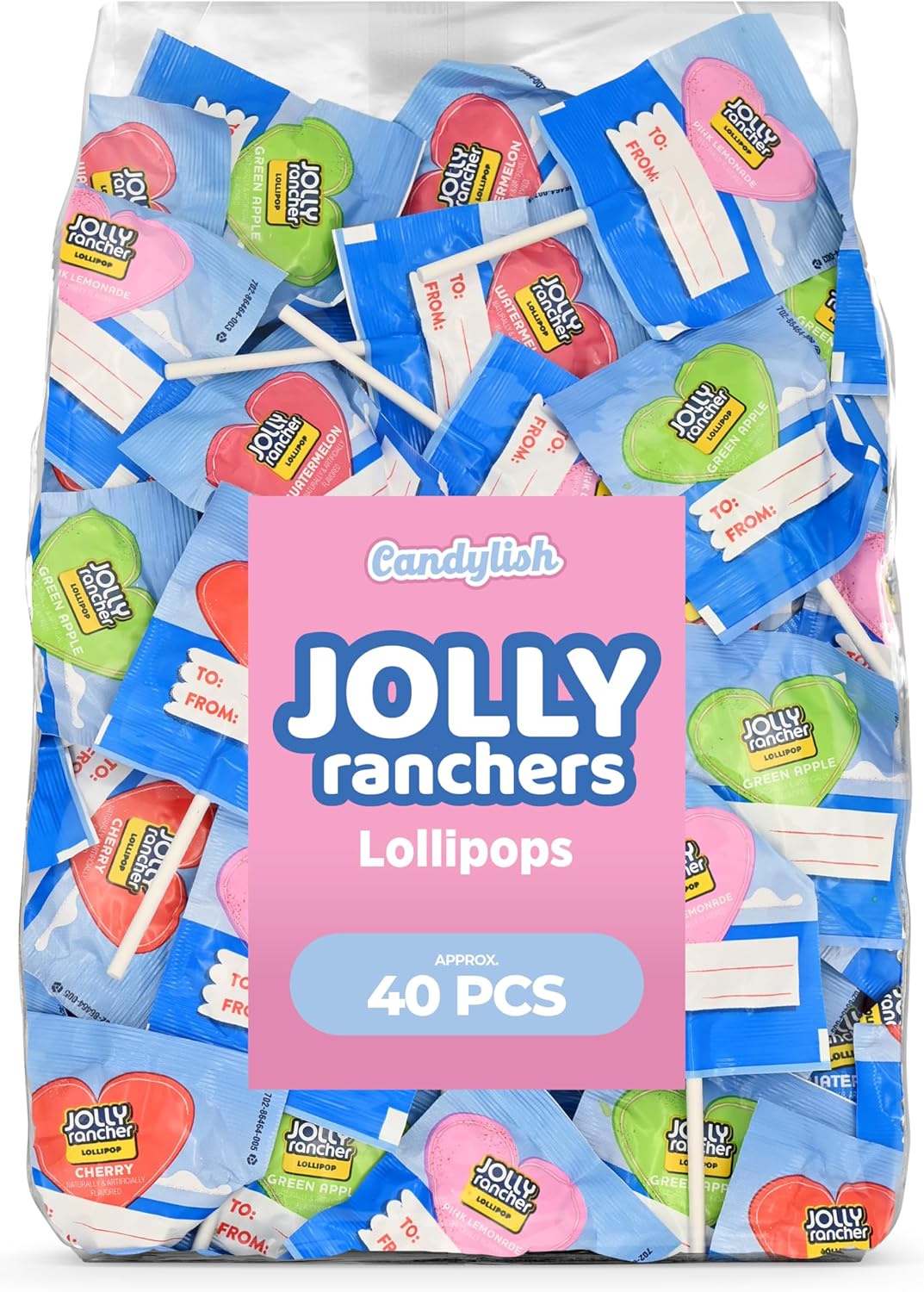 Jolly Ranchers Heart Lollipops – 40 Count Bag – Bulk Valentine Candy, Assorted Fruit Flavors – Heart-Shaped Lollipops for Parties, Classroom Exchange, Candy Buffets, and Gifting