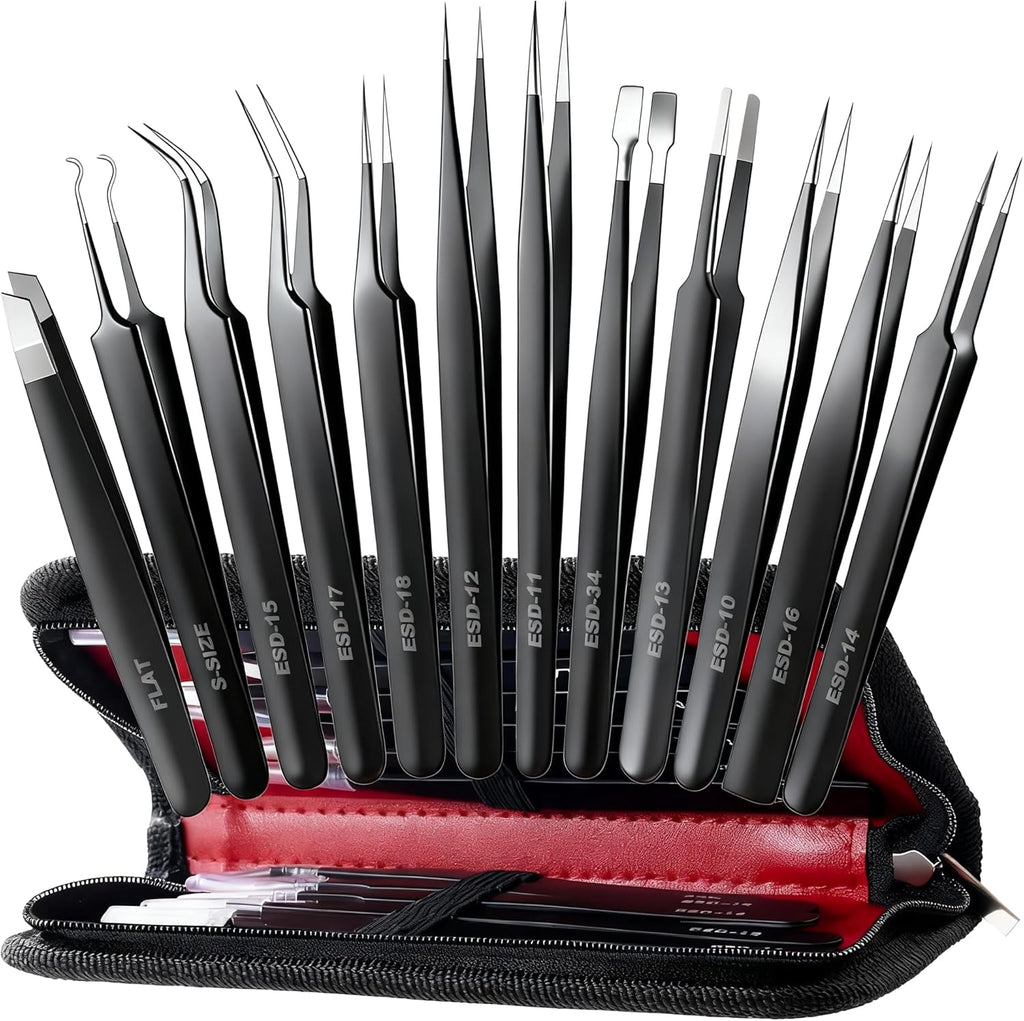 Antonki 12 Pack Precision Tweezers Set for Craft, Soldering, Jewelry, Facial Hair, Eyebrow, Ingrown Hair Removal, Eyelash Extension- with Case