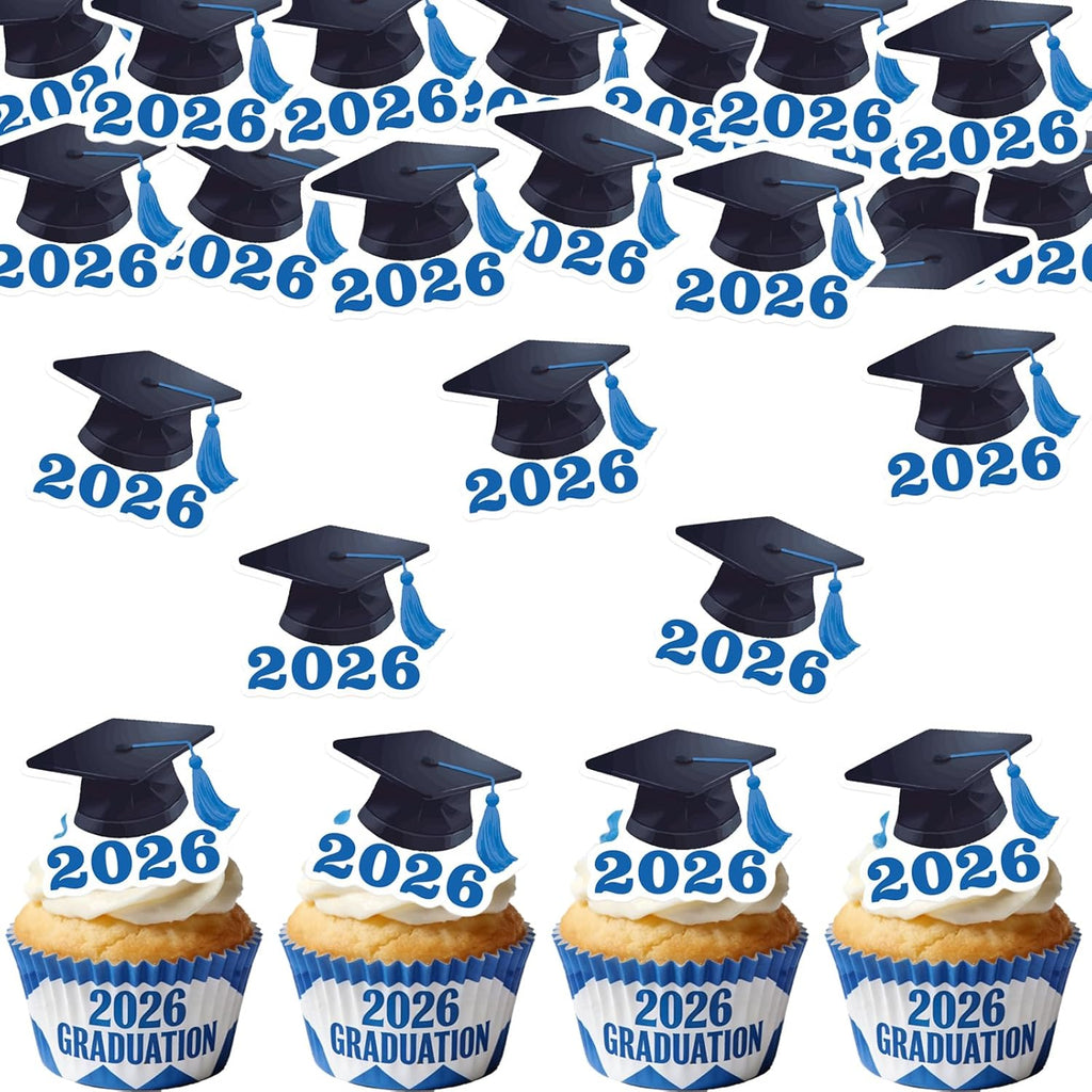 42pcs Edible Graduation Cap Cupcake Toppers Wafer Paper Blue Class of 2026 Cake Decorations Edible Grad Cap Cupcake Picks for 2026 Graduation Theme Party Cake Decor Supplies