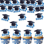 42pcs Edible Graduation Cap Cupcake Toppers Wafer Paper Blue Class of 2026 Cake Decorations Edible Grad Cap Cupcake Picks for 2026 Graduation Theme Party Cake Decor Supplies