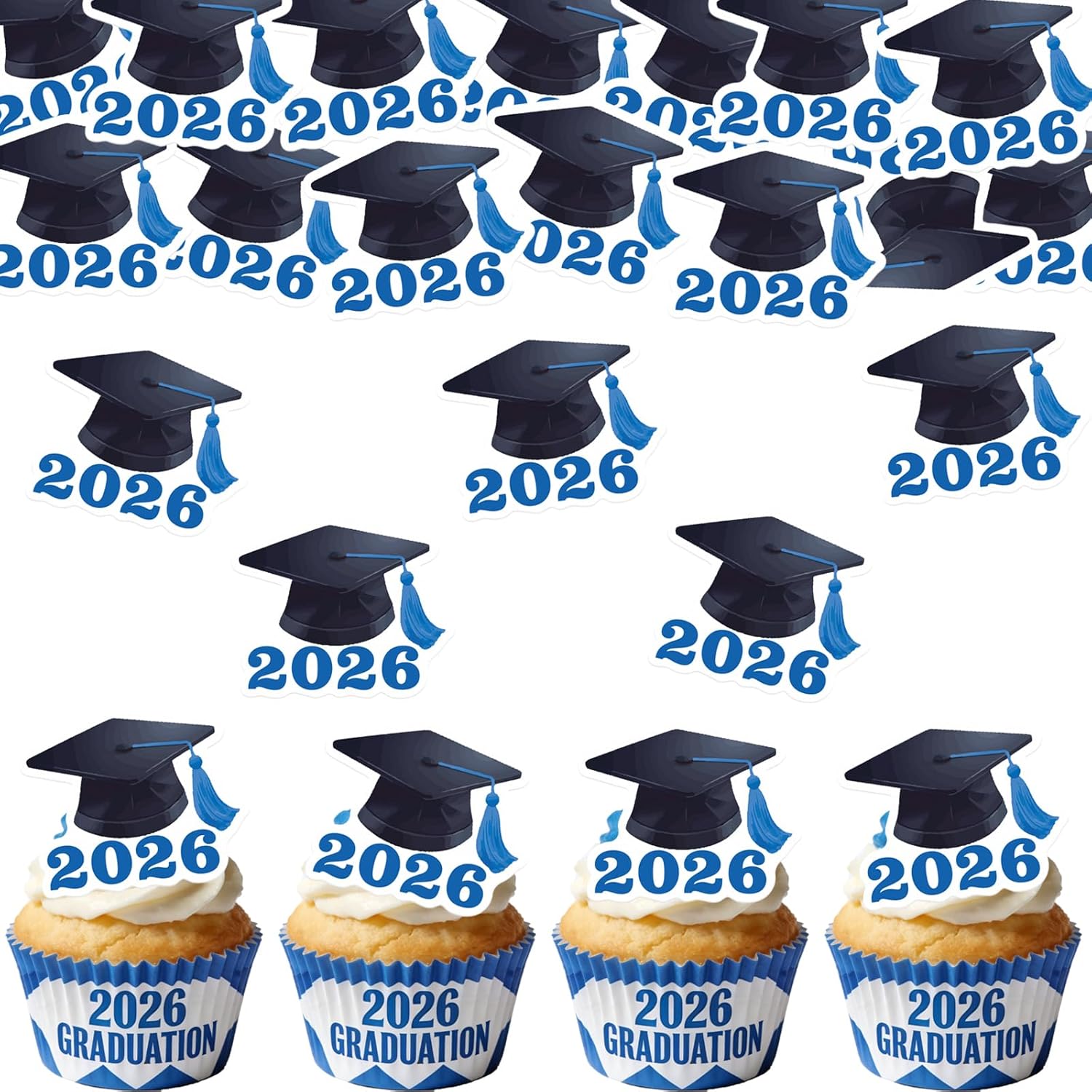 42pcs Edible Graduation Cap Cupcake Toppers Wafer Paper Blue Class of 2026 Cake Decorations Edible Grad Cap Cupcake Picks for 2026 Graduation Theme Party Cake Decor Supplies