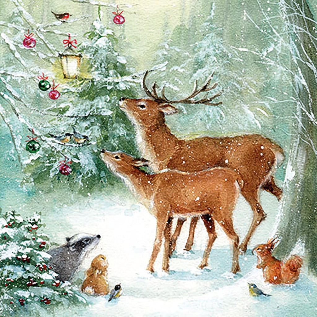 20-ct 13x13 Snowfun Christmas Napkins for Decoupage - Winter Animal Paper Napkins With Deer in Forest Snow Scene - Beautiful Holiday Napkins for Kids