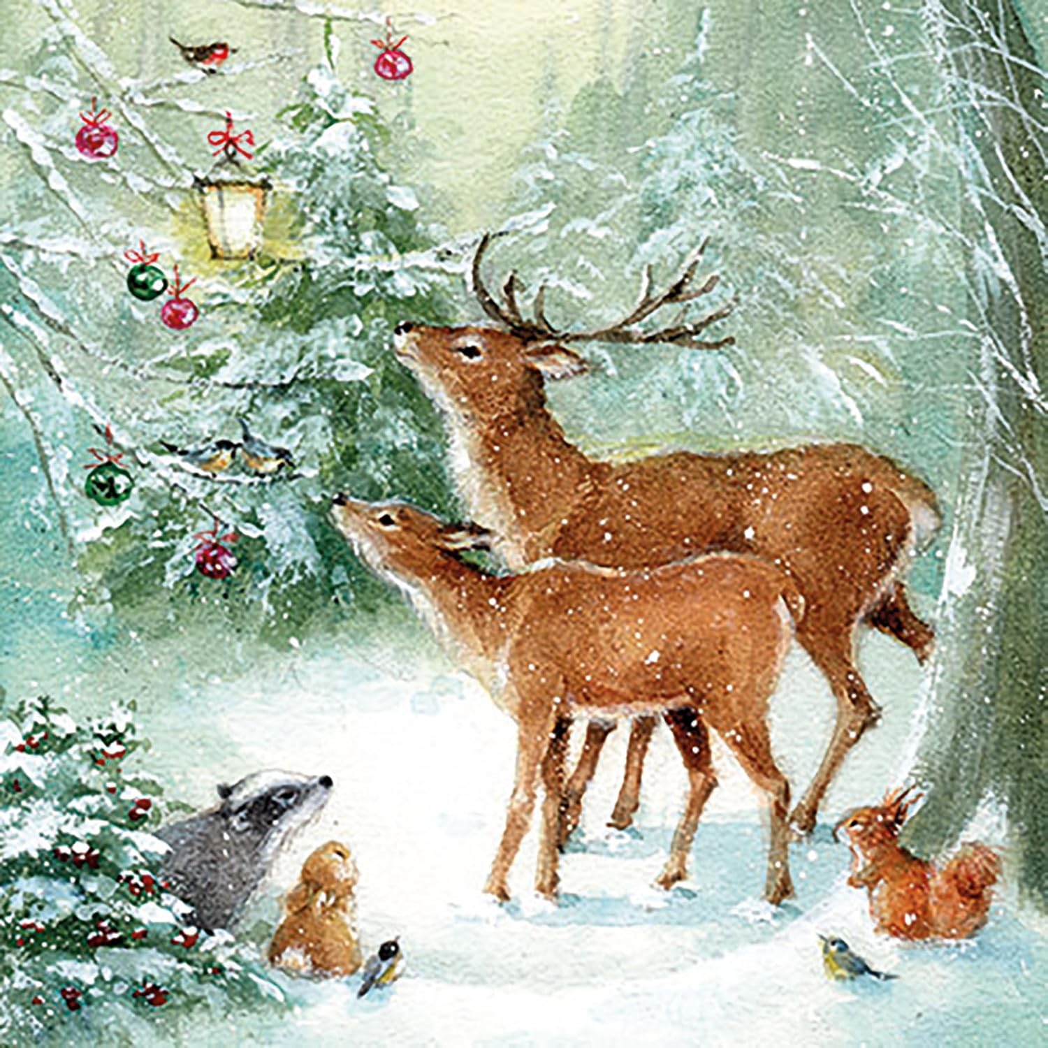20-ct 13x13 Snowfun Christmas Napkins for Decoupage - Winter Animal Paper Napkins With Deer in Forest Snow Scene - Beautiful Holiday Napkins for Kids