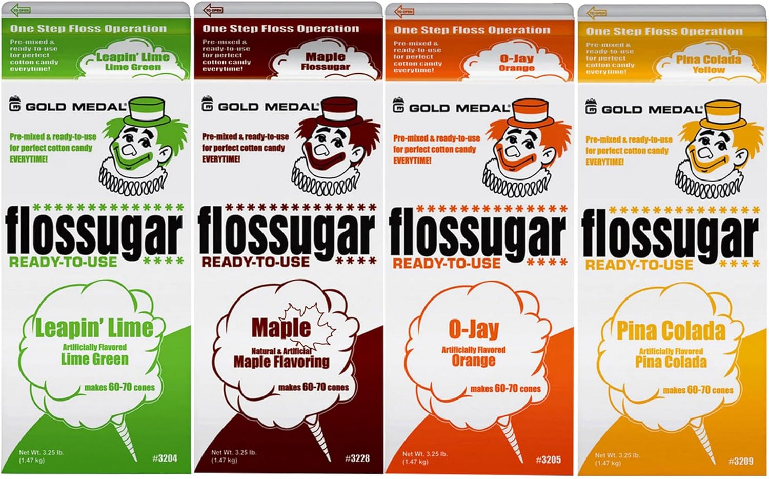 Cotton Candy Floss sugar Mix Flavors | Pack Of 4 | Lime, Maple, Orange and Pina Colada Flavors | 1/2 Gallon Cartons