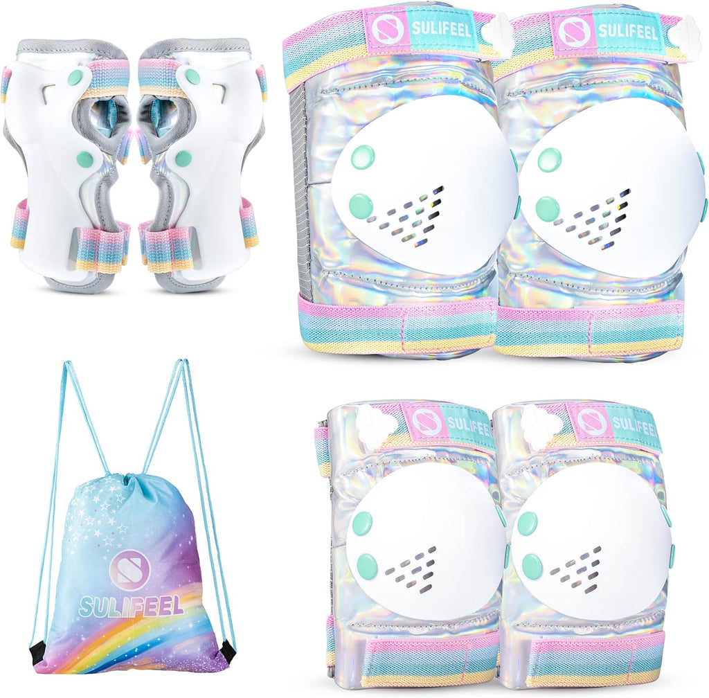 SULIFEEL Rainbow Unicorn Knee Pads for Kids Knee Elbow Pads Wrist Guards with Drawstring Bag Adjustable Protective Gear Set for Girls Roller Skating Bike Cycling Skateboard Scooter Shiny Medium