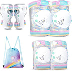 SULIFEEL Rainbow Unicorn Knee Pads for Kids Knee Elbow Pads Wrist Guards with Drawstring Bag Adjustable Protective Gear Set for Girls Roller Skating Bike Cycling Skateboard Scooter Shiny Medium