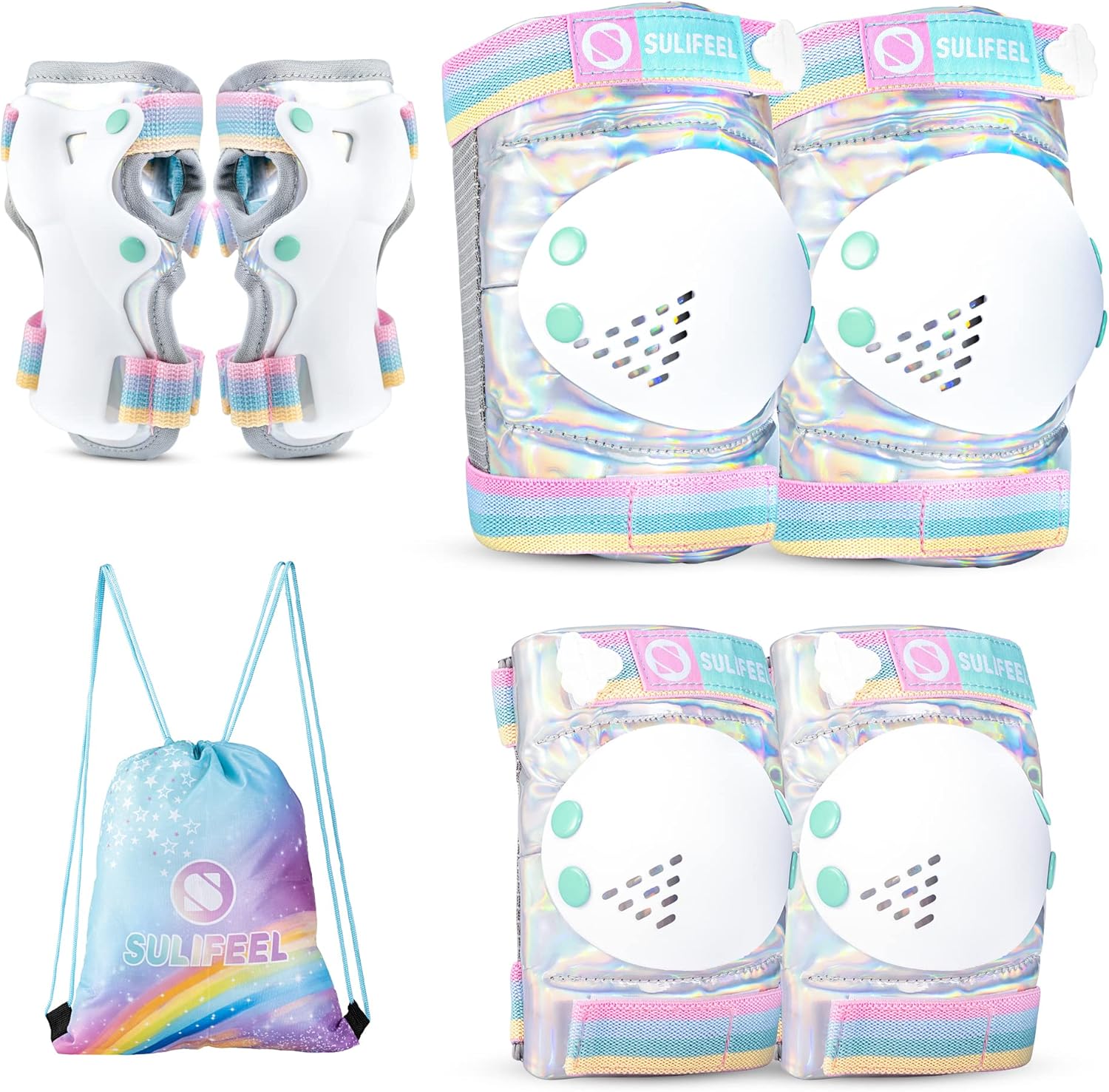 SULIFEEL Rainbow Unicorn Knee Pads for Kids Knee Elbow Pads Wrist Guards with Drawstring Bag Adjustable Protective Gear Set for Girls Roller Skating Bike Cycling Skateboard Scooter Shiny Medium