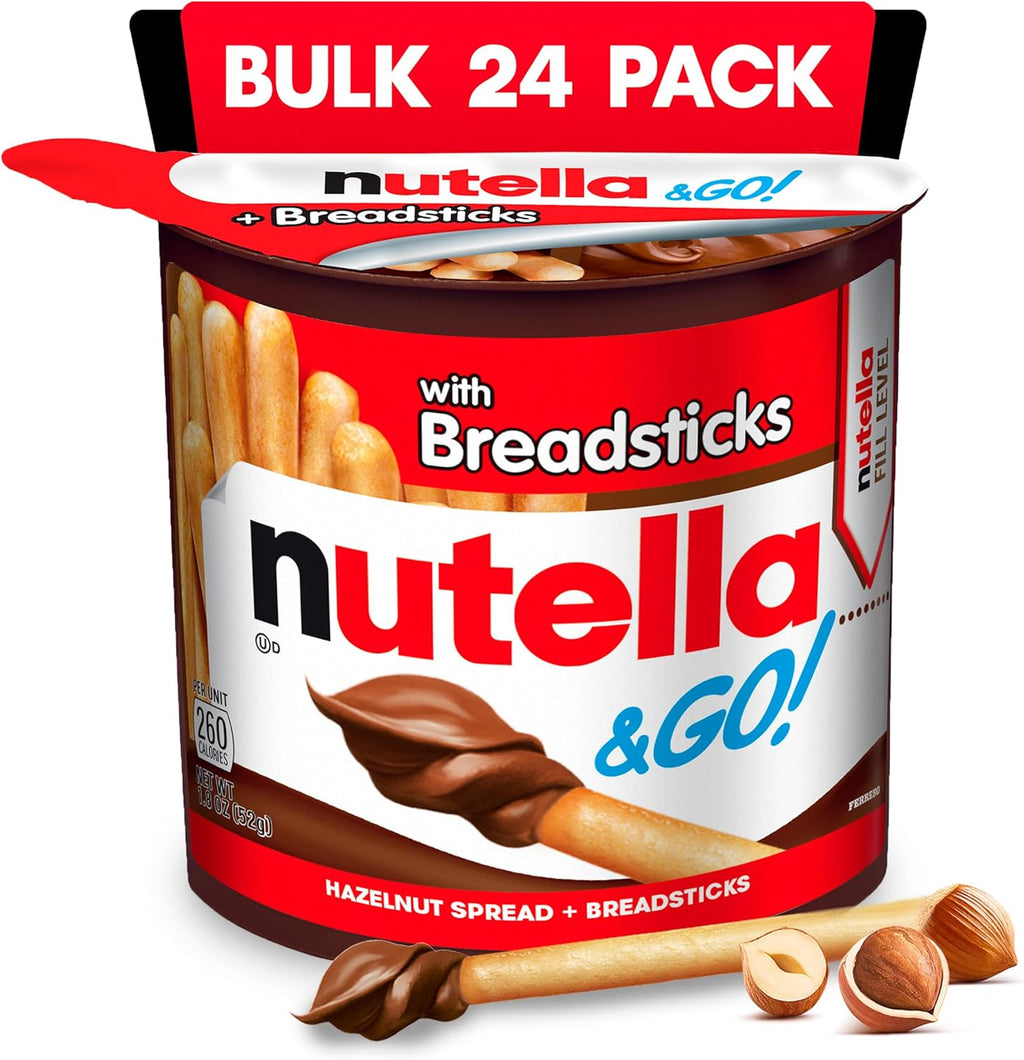 Nutella & GO! Chocolate Hazelnut Spread with Cocoa + Breadsticks, 24 Bulk Snack Packs, 1.8 oz Each