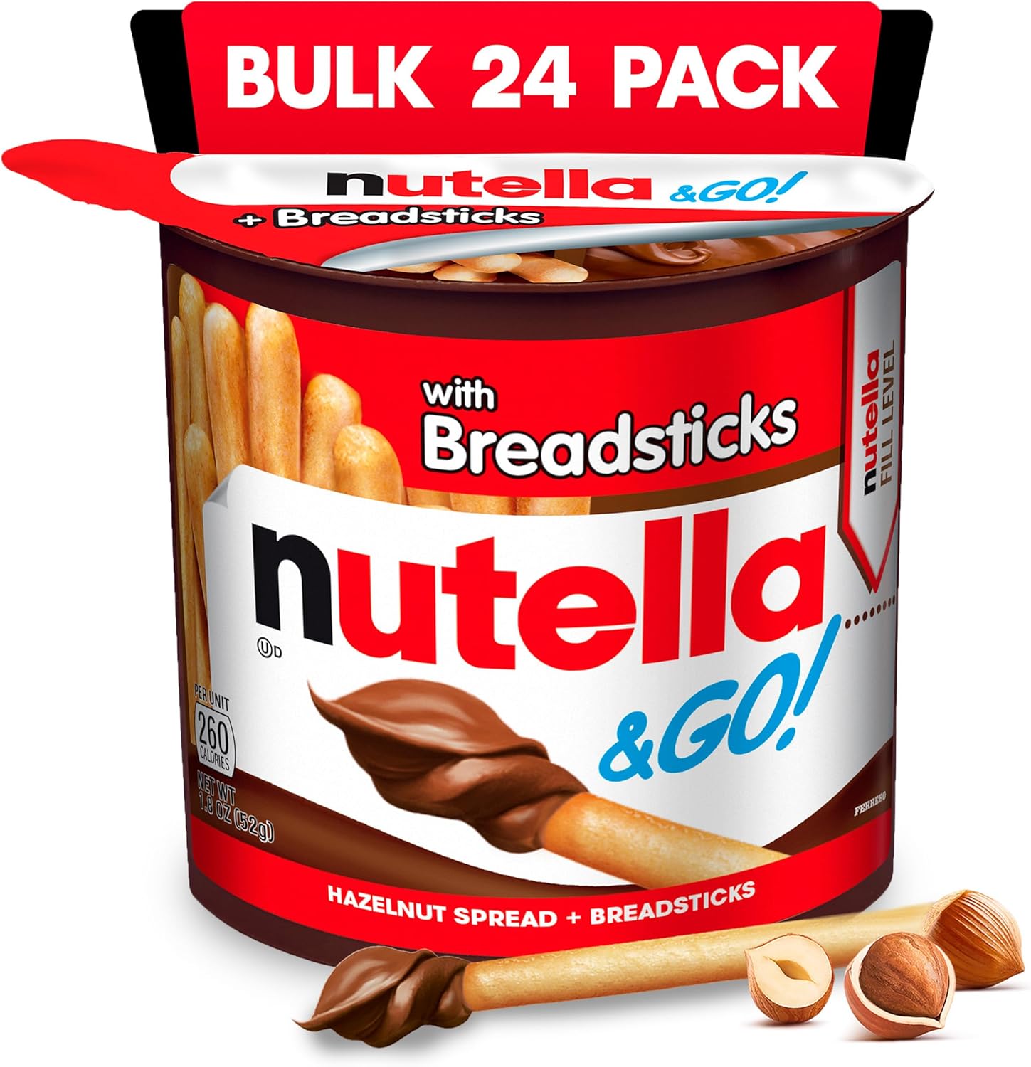 Nutella & GO! Chocolate Hazelnut Spread with Cocoa + Breadsticks, 24 Bulk Snack Packs, 1.8 oz Each