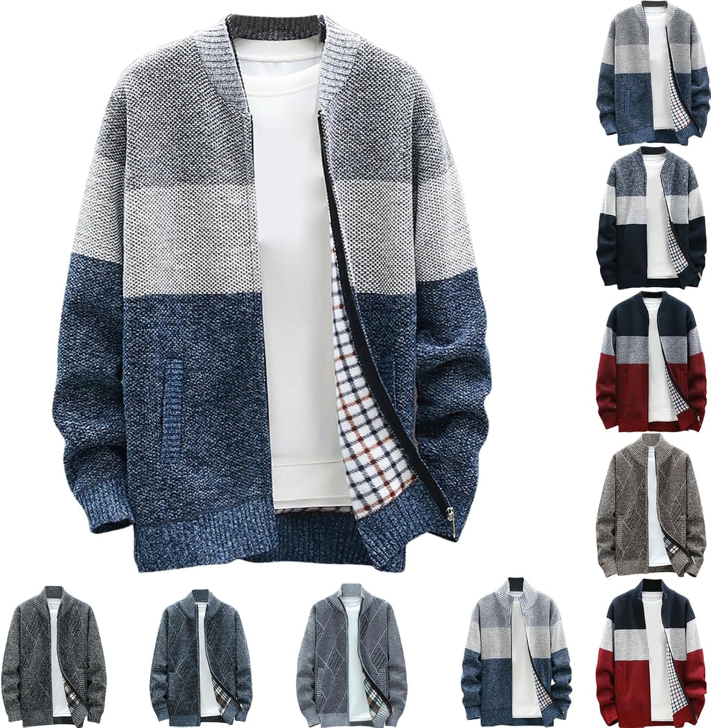 Men's Cardigan Sweaters Knitted Full Zip Collared Regular Fit Jacket Casual Color Block Baggy Winter Warm Coat