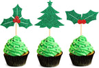Ercadio 36 Pack Christmas Holly Leaves and Berries Cupcake Toppers Xmas Tree Cupcake Picks Christmas Eve Party Cake Decorations Supplies