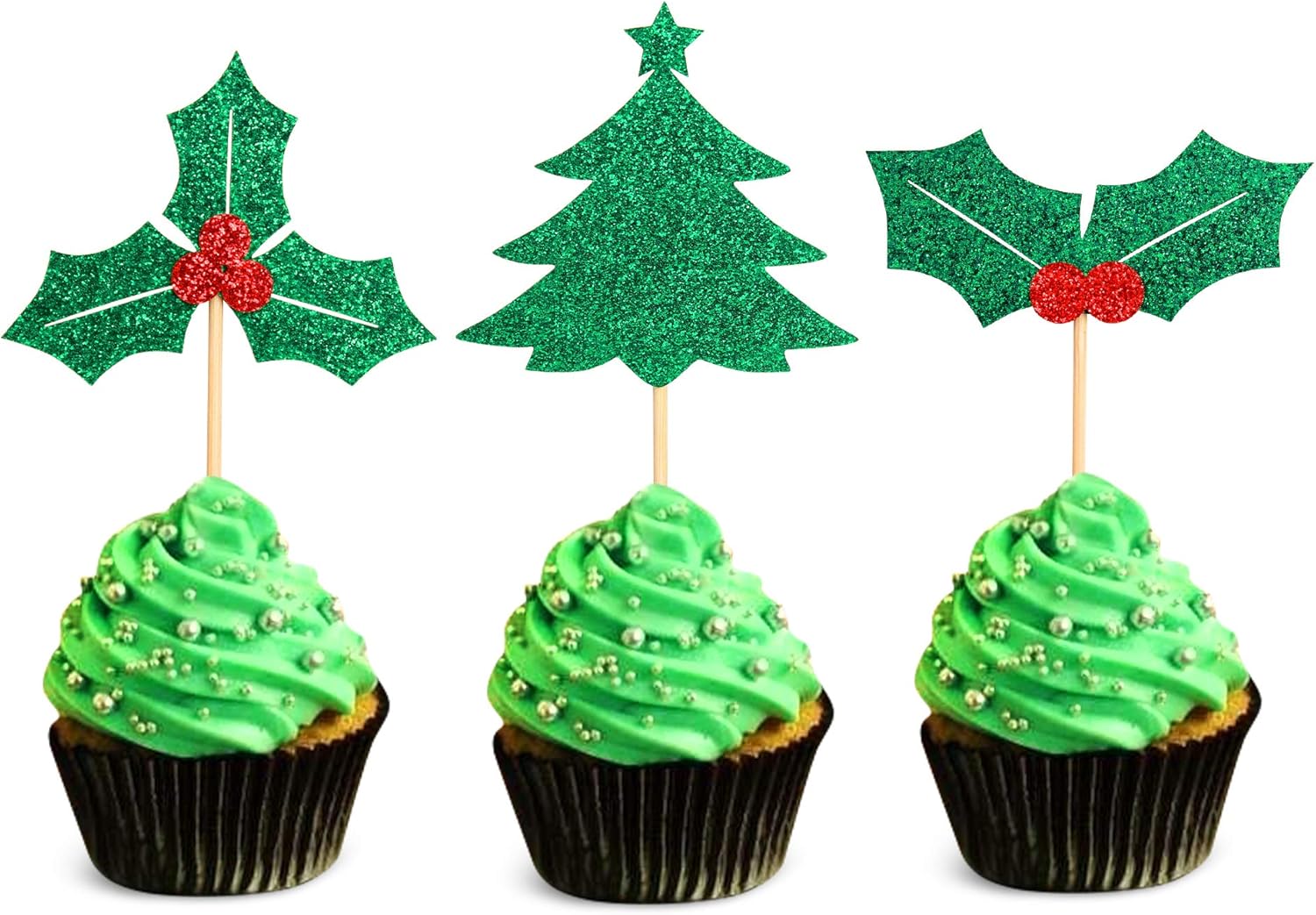 Ercadio 36 Pack Christmas Holly Leaves and Berries Cupcake Toppers Xmas Tree Cupcake Picks Christmas Eve Party Cake Decorations Supplies