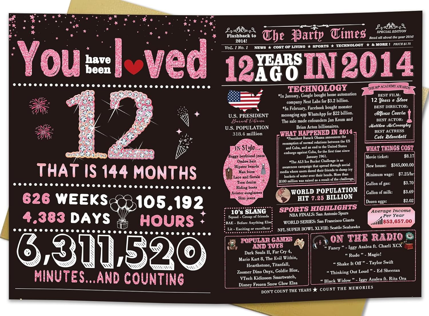 12 Year Old Girl Gifts, 12th Birthday Decorations for Girls, 12th Birthday Card for Daughter, Niece, Granddaughter, Celebration Ideas, Big Size, Rose Pink Gold